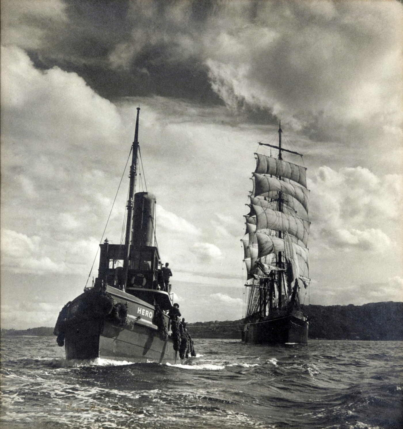 The last steam powered tugboat 'Hero' towing the Pamir, photo by Max Dupain